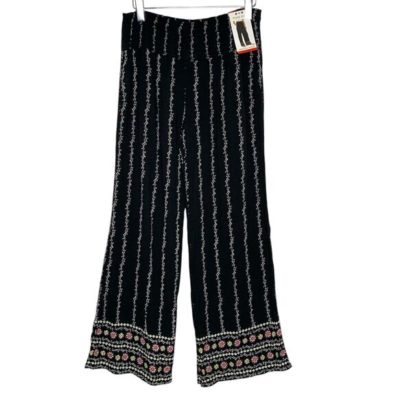 Three Dots M NEW Womens Pull On Pants Black Floral Boarder Smocked - Picture 1 of 11